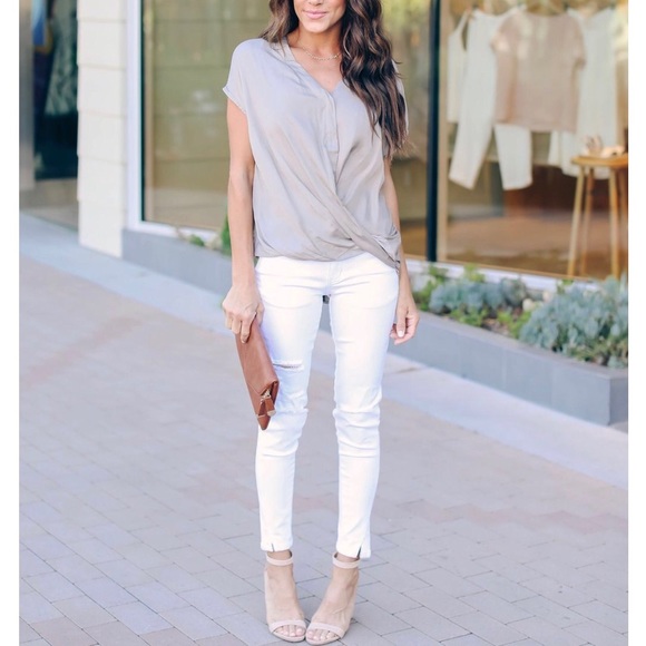 Taupe Rolled Hem Blouse - Picture 4 of 5